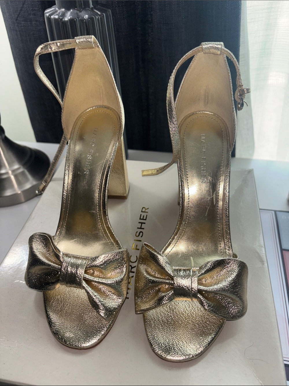 Marc Fisher Gold Bow Block-Heel Sandals